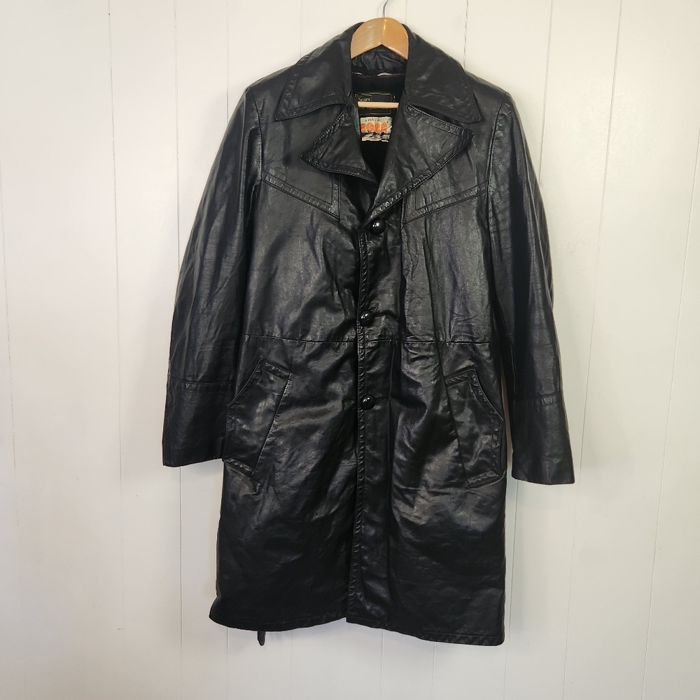 Vintage 1970s Long Black Leather Coat Jacket Mens size Medium Faux Fur Winter - Picture 2 of 16